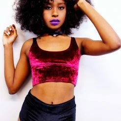 The Sugarpuss Collection See Ya At The Festie! Crushed Velvet Crop Tank In Burgundy