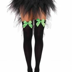 Leg Avenue Opaque Thigh High Stockings In Black With Neon Green Bows Sock Obsession