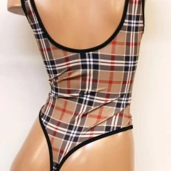 The Sugarpuss Collection Plaid High Cut V-Neck Bodysuit In Tan