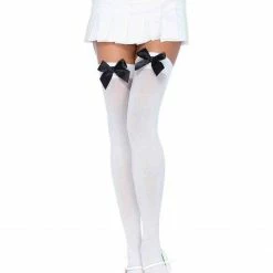 Leg Avenue Opaque Thigh High Stockings In White With Black Bows