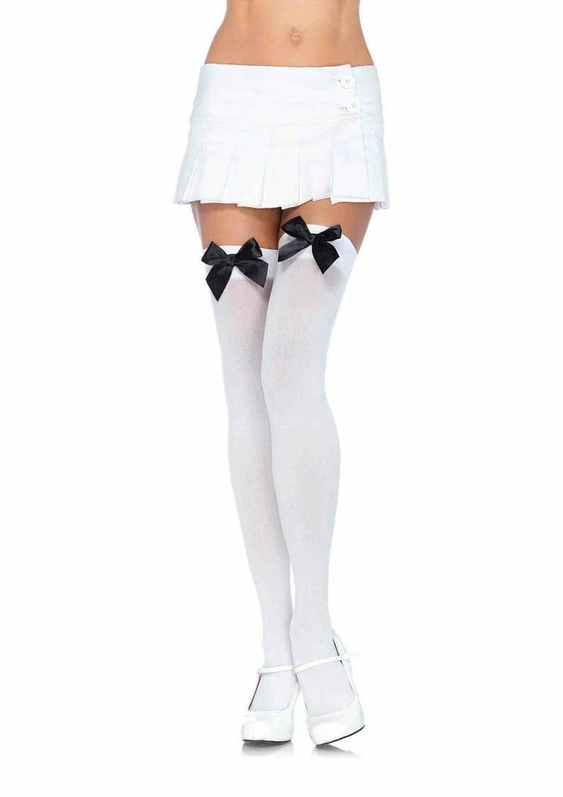 Leg Avenue Opaque Thigh High Stockings In White With Black Bows 1 Leg Avenue Opaque Thigh High Stockings In White With Black Bows
