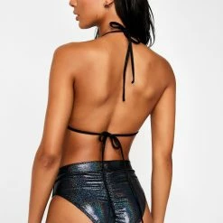 The Sugarpuss Collection Oil Slick & Dark Metallic Swim Hologram Highcut Briefs With Scrunchback In Gunmetal