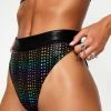 The Sugarpuss Collection Hologram Highcut Briefs With Scrunchback In Rainbow Dot Oil Slick & Dark Metallic Swim