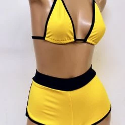 The Sugarpuss Collection Rollergirls And Disco Babes Jogger Set With Highwaist Cheeky Shorts And Bikini Top In Yellow