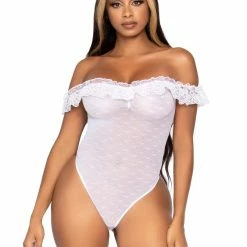Leg Avenue Sheer, Mesh And Fishnet Lace Ruffle Off-The-Shoulder Sheer Teddy