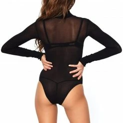 Leg Avenue High Neck Long Sleeve Bodysuit In Sheer Black Bodysuits