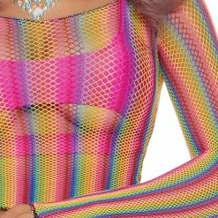 The Sugarpuss Collection Rainbow Fishnet Long Sleeve Crop Top