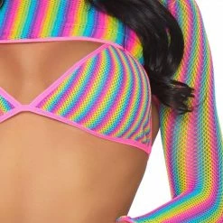 The Sugarpuss Collection Rainbow Fishnet 3 Piece Set With Long Sleeve Shrug, Bikini, And Thong Neons!