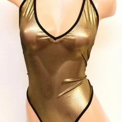 The Sugarpuss Collection Metallic Mesh High Cut Halter Bodysuit In Gold Oil Slick & Dark Metallic Swim