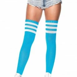 Leg Avenue Rollergirls And Disco Babes Athletic Thigh High Striped Tube Socks In Neon Blue And White