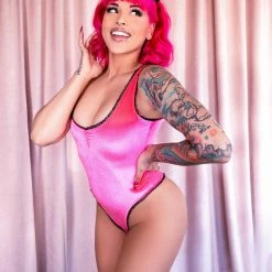 The Sugarpuss Collection Pastel Cupcake Plush Velvet Highcut Sweetheart Bodysuit With Ruffle Trim In Neon Pink