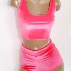 The Sugarpuss Collection Plush Velvet Highwaist Cheeky Shorts In Neon Pink