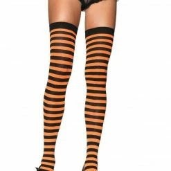 Leg Avenue Sock Obsession Opaque Thigh High Stockings In Black And Orange Stripe