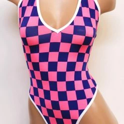 The Sugarpuss Collection Highcut Halter Bodysuit In Pink And Blue Checkers Neons!