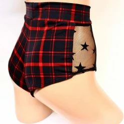 The Sugarpuss Collection Plaid Cheeky Shorts With Mesh Side Panel In Red See Ya At The Festie!
