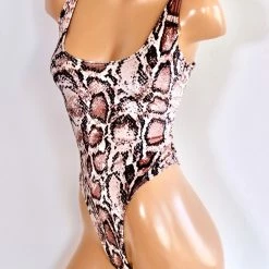 The Sugarpuss Collection Plush Velvet Highcut Scoopneck Bodysuit In Rose Snakeskin Jungle Fever
