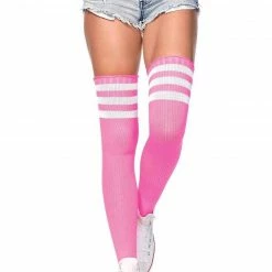 Leg Avenue Athletic Thigh High Striped Tube Socks In Neon Pink And White