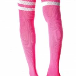 Leg Avenue Athletic Thigh High Striped Tube Socks In Neon Pink And White