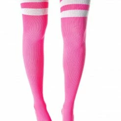 Leg Avenue Athletic Thigh High Striped Tube Socks In Neon Pink And White