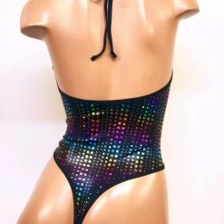 The Sugarpuss Collection Hologram Highcut Halter Bodysuit In Rainbow Dot Rollergirls And Disco Babes