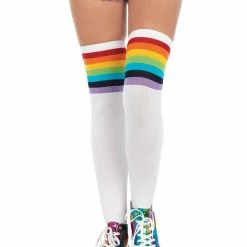 Leg Avenue Thigh High Socks With Rainbow Stripes In White Rollergirls And Disco Babes