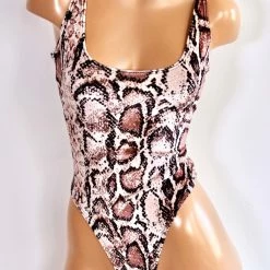 The Sugarpuss Collection Plush Velvet Highcut Scoopneck Bodysuit In Rose Snakeskin Jungle Fever