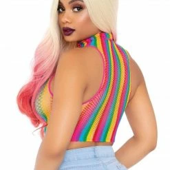 The Sugarpuss Collection Rollergirls And Disco Babes Rainbow Fishnet High Neck Crop Top
