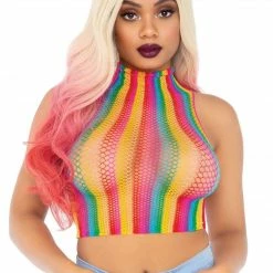 The Sugarpuss Collection Rollergirls And Disco Babes Rainbow Fishnet High Neck Crop Top