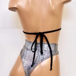 The Sugarpuss Collection Oil Slick & Dark Metallic Swim Hologram Highcut Triangle Bikini In Silver Snakeskin