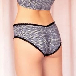 The Sugarpuss Collection Glen Plaid Hip Hugger Panty With Ruffle Trim In Black