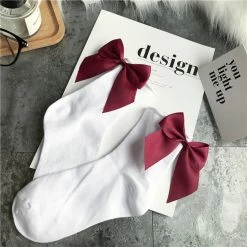 The Sugarpuss Collection Anklet Socks With Satin Bows In White And Burgundy