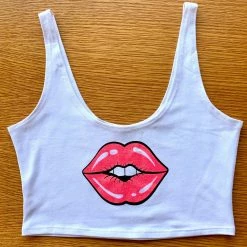 The Sugarpuss Collection Lips Crop Tank In White With Neon Pink Lips Rollergirls And Disco Babes 10 The Sugarpuss Collection Lips Crop Tank In White With Neon Pink Lips Rollergirls And Disco Babes