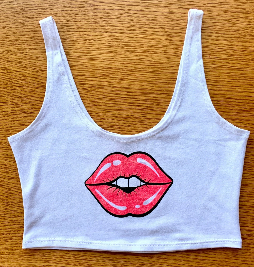 The Sugarpuss Collection Lips Crop Tank In White With Neon Pink Lips Rollergirls And Disco Babes 4 The Sugarpuss Collection Lips Crop Tank In White With Neon Pink Lips Rollergirls And Disco Babes