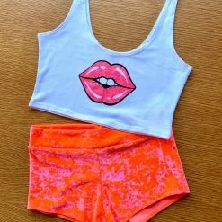 The Sugarpuss Collection Lips Crop Tank In White With Neon Pink Lips Rollergirls And Disco Babes 11 The Sugarpuss Collection Lips Crop Tank In White With Neon Pink Lips Rollergirls And Disco Babes