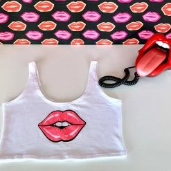 The Sugarpuss Collection Lips Crop Tank In White With Neon Pink Lips Rollergirls And Disco Babes 12 The Sugarpuss Collection Lips Crop Tank In White With Neon Pink Lips Rollergirls And Disco Babes
