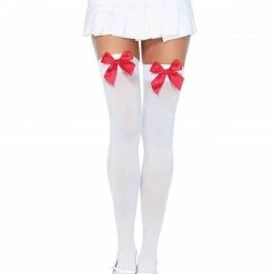 Leg Avenue Opaque Thigh High Stockings In White With Red Bows