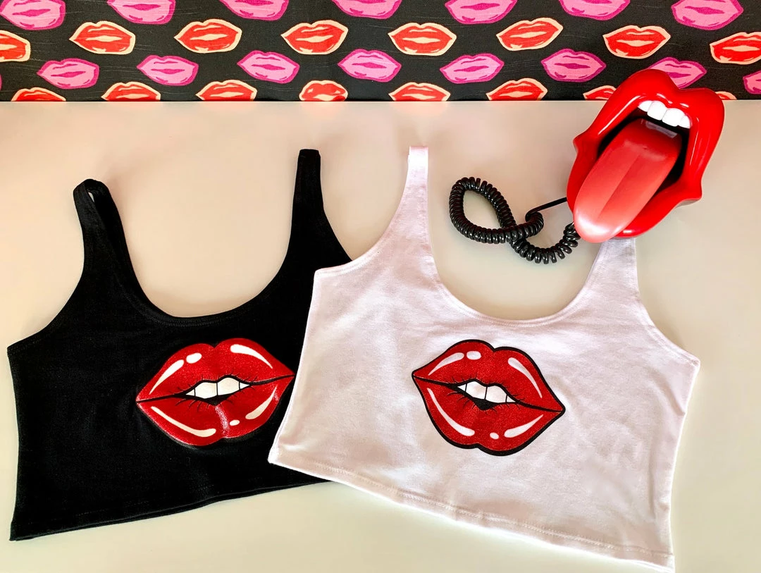 The Sugarpuss Collection Rollergirls And Disco Babes Lips Crop Tank In White With Red Lips 5 The Sugarpuss Collection Rollergirls And Disco Babes Lips Crop Tank In White With Red Lips