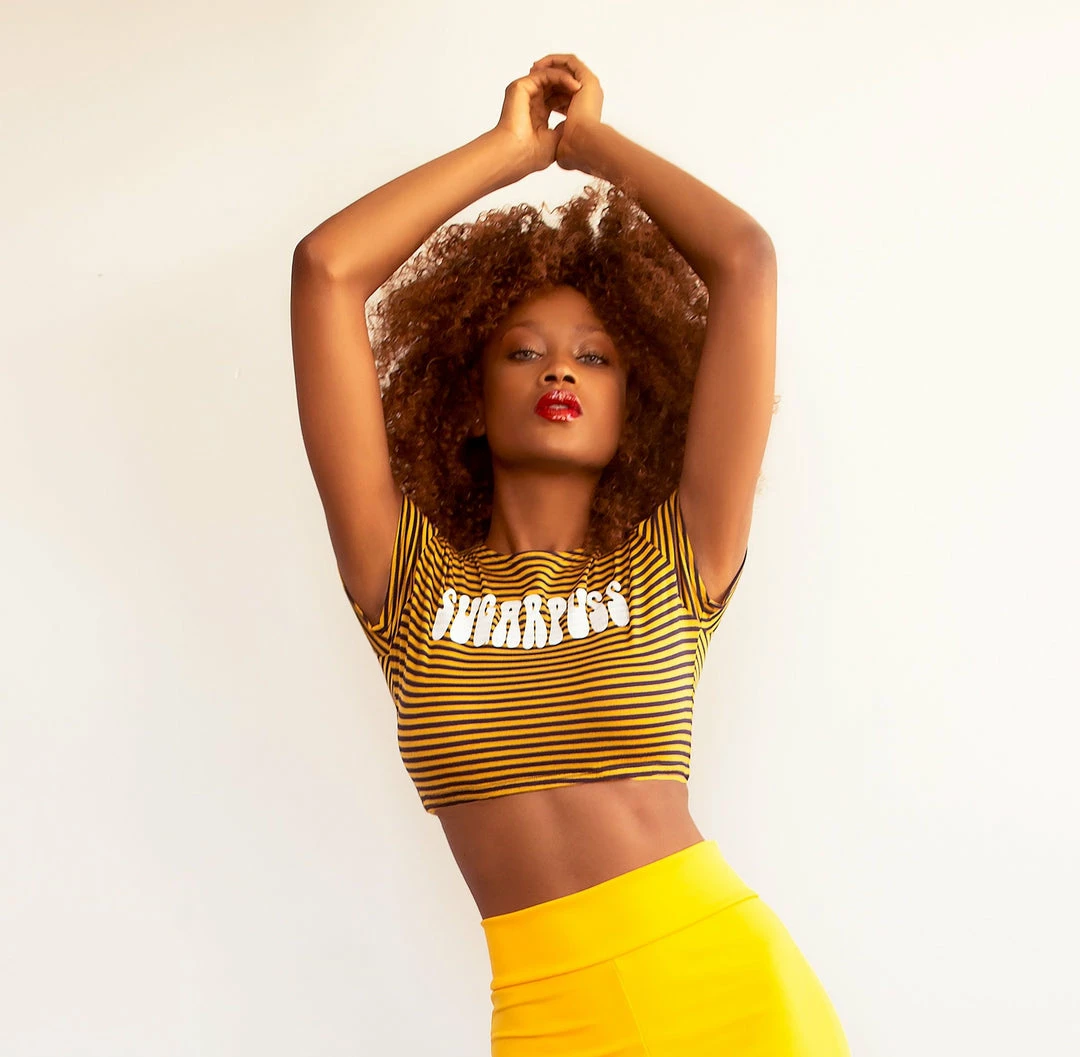 The Sugarpuss Collection Retro Stripes 'Sugarpuss' Logo Crop Tee With Short Sleeves Sugarpuss Classic Tees 2 The Sugarpuss Collection Retro Stripes 'Sugarpuss' Logo Crop Tee With Short Sleeves Sugarpuss Classic Tees